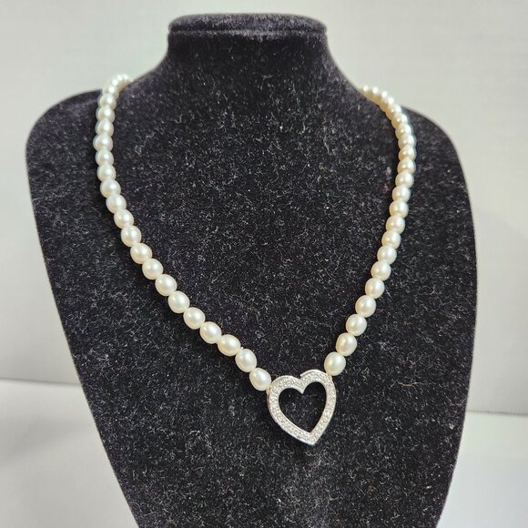 VTG NIB 925 Freshwater Pearl & Pave style Heart Necklace 18" - Picture 4 of 12